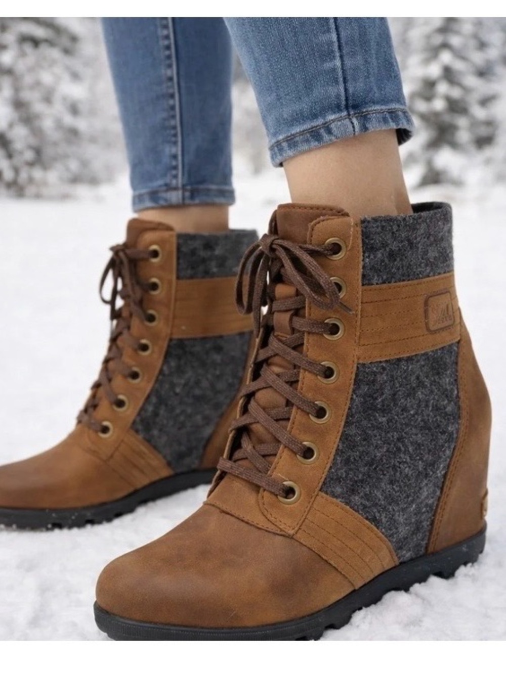 Sorel “Lexie” Brown and Gray Felt Lace-Up Wedge Ankle Boots
